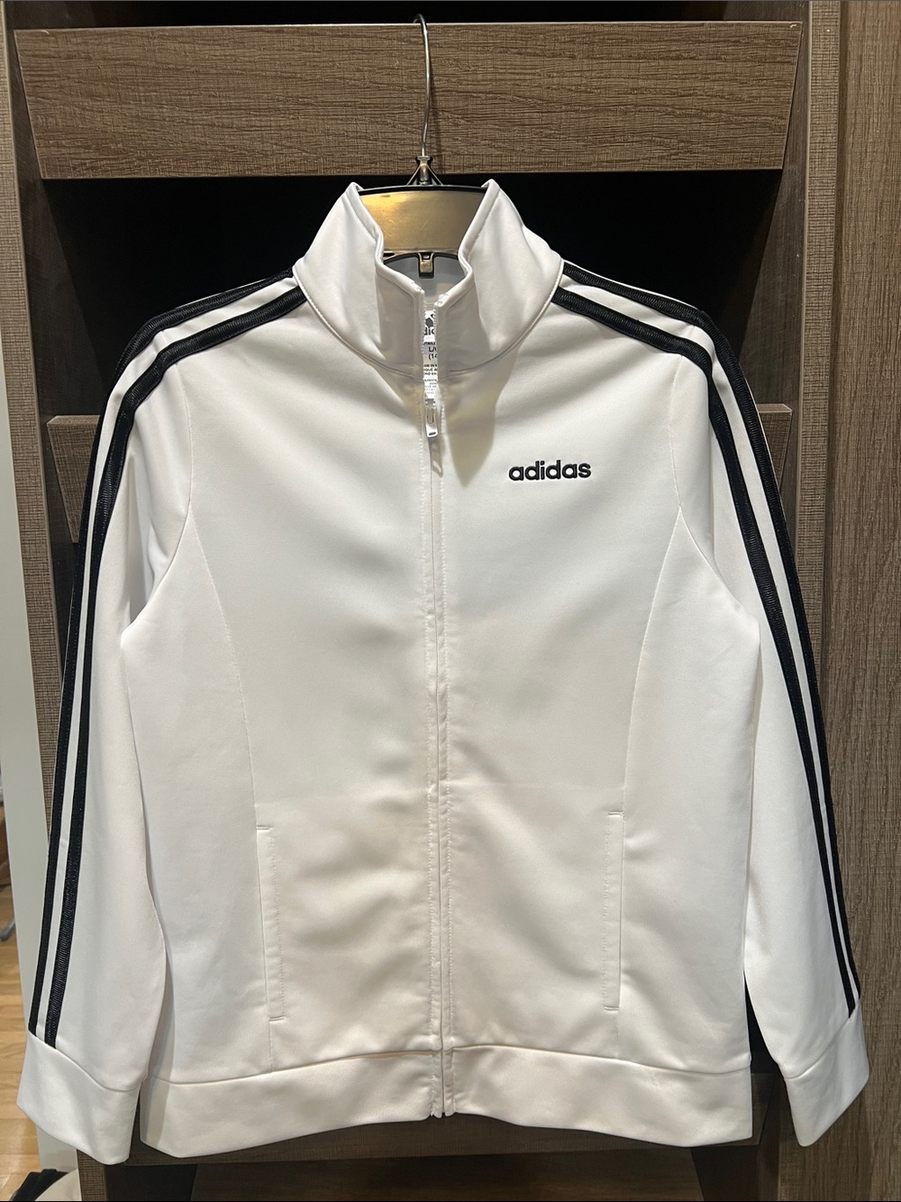 adidas Girls’ White Zip Track Jacket with Black Stripes Down Sleeves  Sz14